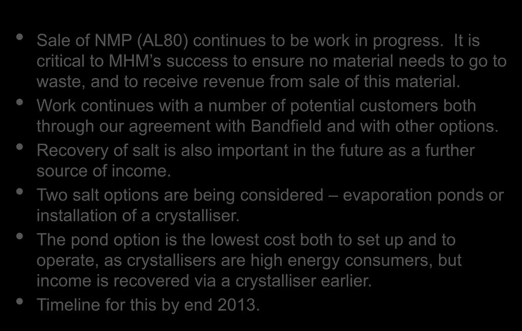 NMP/AL80 and Salt Sale of NMP (AL80) continues to be work in progress. It is critical to MHM s success to ensure no material needs to go to waste, and to receive revenue from sale of this material.