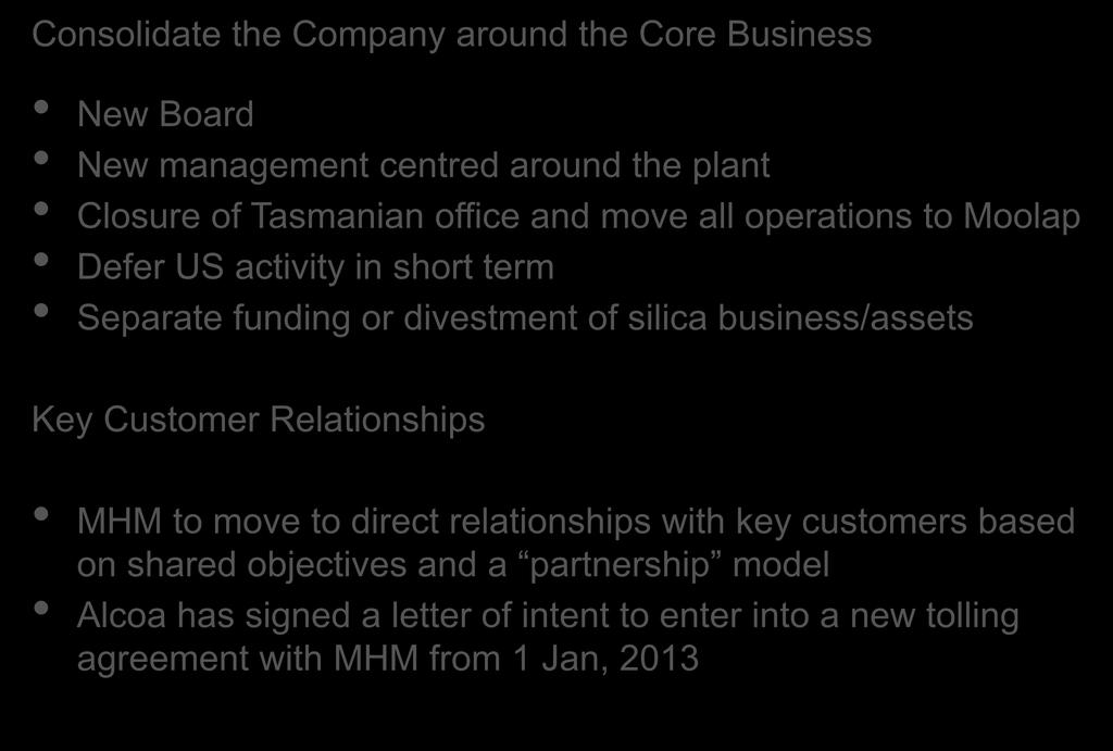 Immediate Focus Consolidate the Company around the Core Business New Board New management centred around the plant Closure of Tasmanian office and move all operations to Moolap Defer US activity in