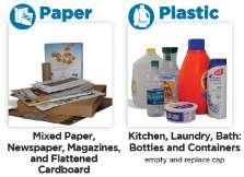 Newspaper OCC Office Paper Paperback Books Paperboard Boxes Pizza Boxes Shredded Paper GLASS Bottles and Jars Drinking Glass Mugs Window PLASTIC Buckets Bulky Plastic EPS Foam Flower Pots HDPE