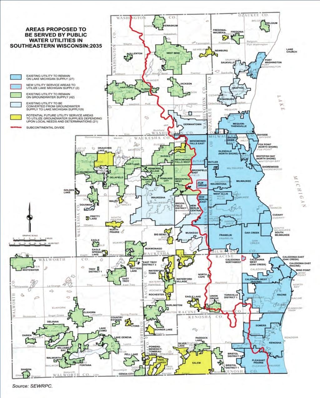Sources of Supply Plan Component Selected Waukesha County areas currently served by individual wells were identified as having the potential to be served by long-term municipal water supply service -