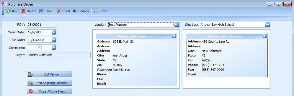 Be sure to save the record at this point. ReCPro TM will automatically assign the PO # and Buyer information.