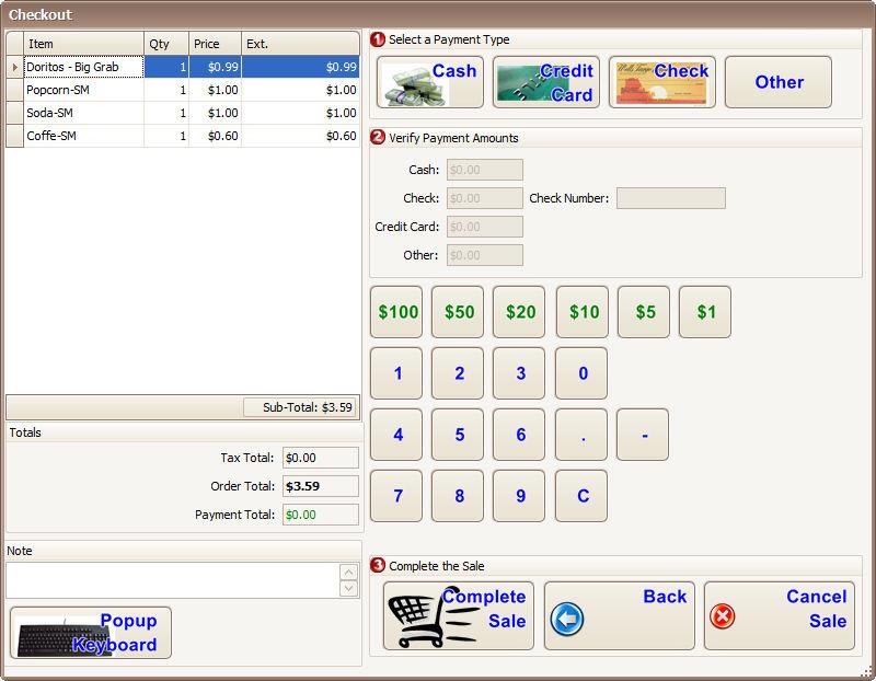 Step 1 ReCPro TM User Manual The Checkout screen displays; select Payment Type: Cash, Credit Card, Check
