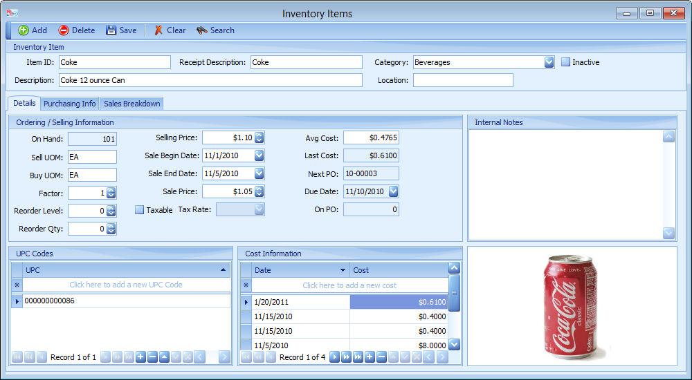 Inventory Items screen displays. Click Add button for a new record. ReCPro TM User Manual 1 2 5 3 6 4 7 8 9 1.