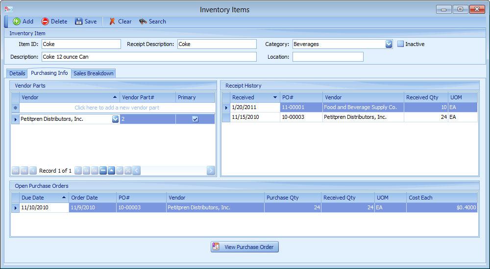 Purchasing Info Click on Purchasing Info tab within Inventory Items screen. ReCPro TM User Manual 1 2 3 1.