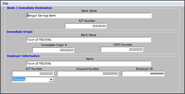 4. Select H. ACH Setup. This will open the ACH Bank Information screen (shown below). The screen is split into three sections.