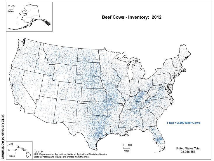 Figure 1.3 - Beef cow inventory in the United States in 2012 according the United States Department of Agriculture Census of Agriculture Table 1.