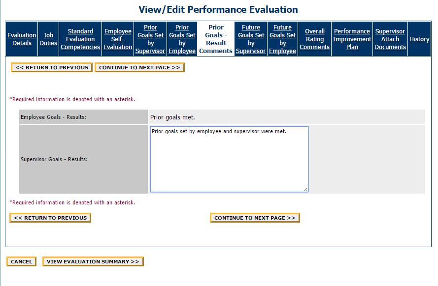 To move to the Prior Goals Set By Supervisor and/or Prior Goals Set By Employee tabs, click on Continue to Next Page.
