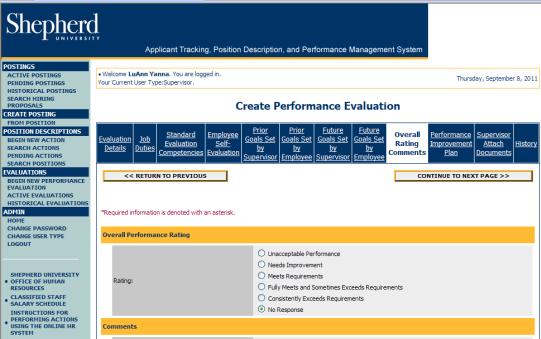 Enter an Overall Performance Rating and add supervisor