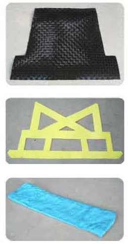 Figures 2a, b & c (left): Materials used in the shield molding trial were colored to see how they moved in the tool: tape fabric (top, in black), tailored blank (middle, yellow), and D-LFT charge