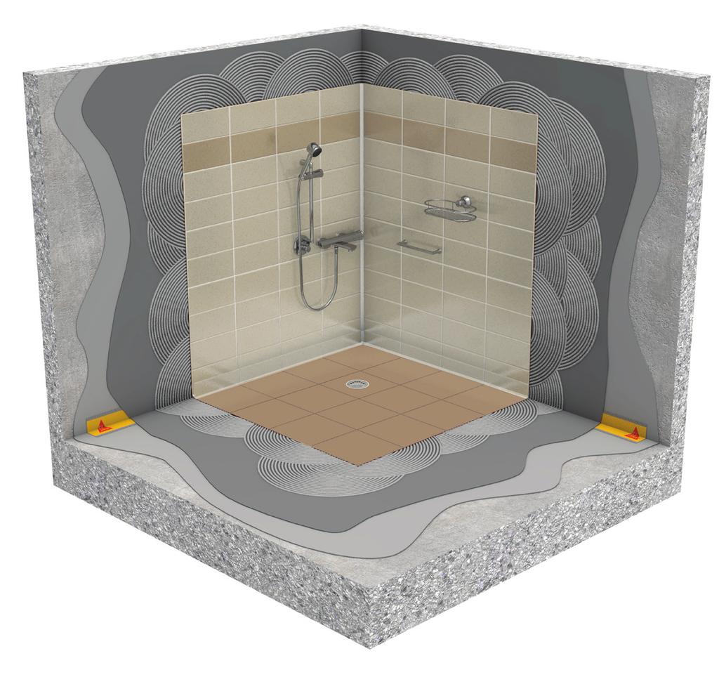 WET AREAS: DRYWALL OR CONCRETE For wet areas such as bathrooms and kitchens, Sika has a complete installation system for your tiling: Firstly the waterproofing layer with a special one-component,