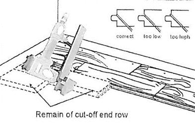 Cut plank to fit end row, allowing for ½" expansion gap and fasten with pull bar. Start subsequent row using the remainder of the cut-off end plank from previous row.