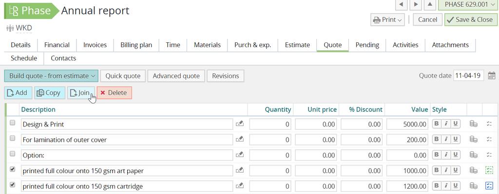 Hover text in estimate tab If you hover over the icons on the estimate you will see the supplier name / staff name associated with the estimate line.
