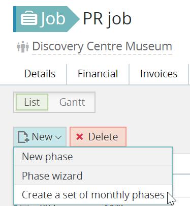 Create a set of monthly phases Typically this feature is used to create a set of phases for billing retainer type jobs.