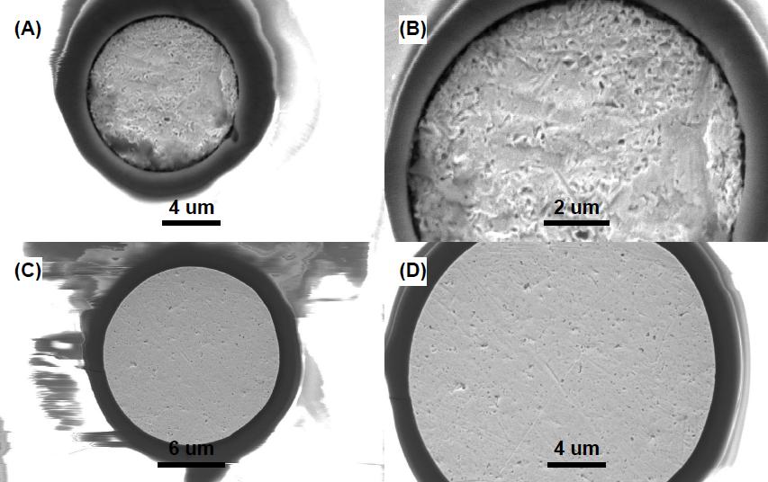 Figure S-3: (A) and (B) are SEM images of a Pt electrode that has been polarized to -400 mv vs AgCl for ~18 hours in air saturated 100 mm KCl showing that the