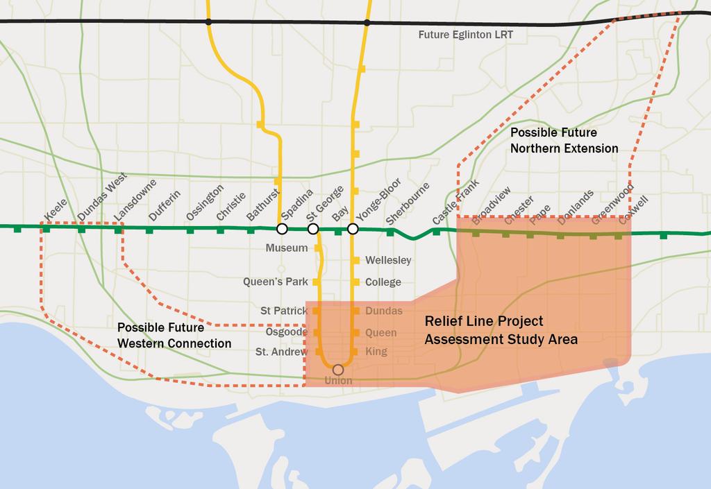 Relief Line Concept DRTES evaluated the benefits of a new subway-like transit service operating in a tunnel to relieve congestion on the Yonge Subway line and at the congested Bloor-Yonge transfer
