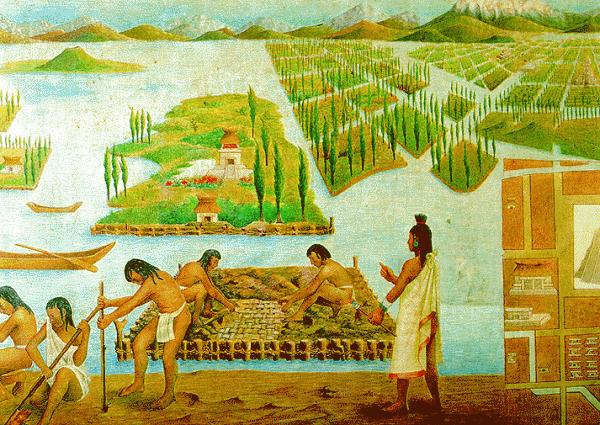 AQUAPONICS HISTORY AZTEC CULTIVATED AGRICULTURAL ISLANDS KNOWN AS CHINAMPAS.