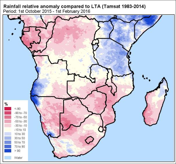 The drought clearly continued in December in central South Africa, Lesotho, southern Botswana, southern Zimbabwe, southern Mozambique and central Zambia while it mainly affected the southern half of