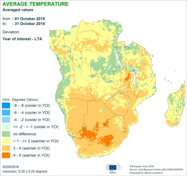 Figure 4: Monthly mean temperature anomaly in degrees Celsius for southern Africa according to ECMWF.
