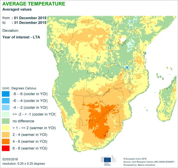 Vegetation impact Large parts of southern Africa already suffered below normal vegetation activity in the 2014-2015 crop season, followed by a hot dry season, meaning that vegetation conditions