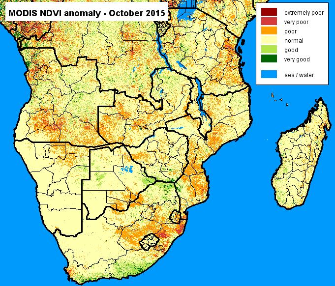 The drought reaches its maximum intensity in December 2015 when large parts of Southern Africa are