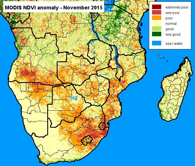 In January 2016 most of Botswana shows an extreme negative vegetation anomaly as well as large parts of
