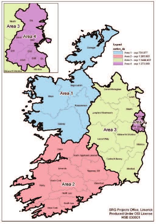 The map below illustrates an alternative approach for health service delivery. In this example the all 4 Dublin Councils are joined together to form a discrete service area.