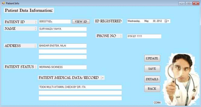 The patient information details displayed when patient ID card is scan to the RFID reader and the reader integrated with the database.