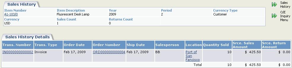 Using Sage 300 ERP Inquiry 5. Click any active link to view more details. For example, click the link in an item s Period column to display sales history detail of the item during the selected period.