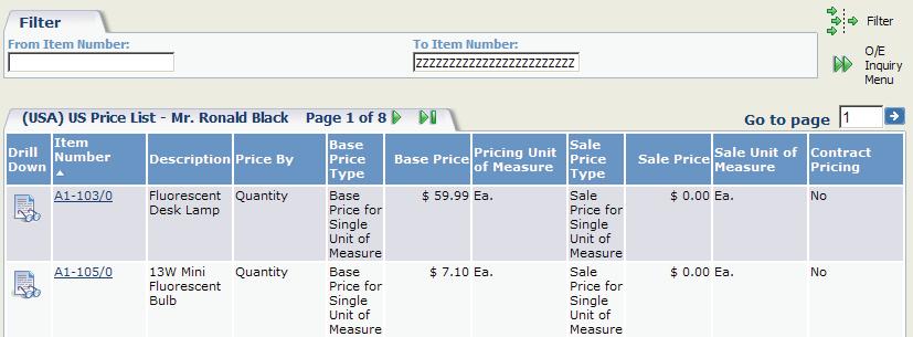 Using Sage 300 ERP Inquiry You can now: Click the Item Number link to view details about the item. Click the Drill Down icon to view detailed pricing information.