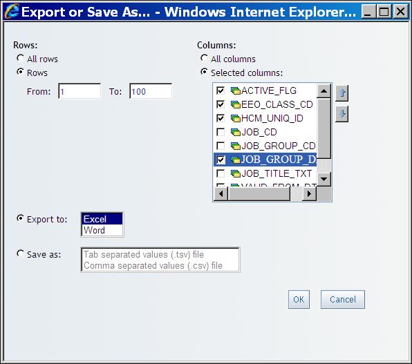 To export the table data, right-click a column heading and select Export or Save As.