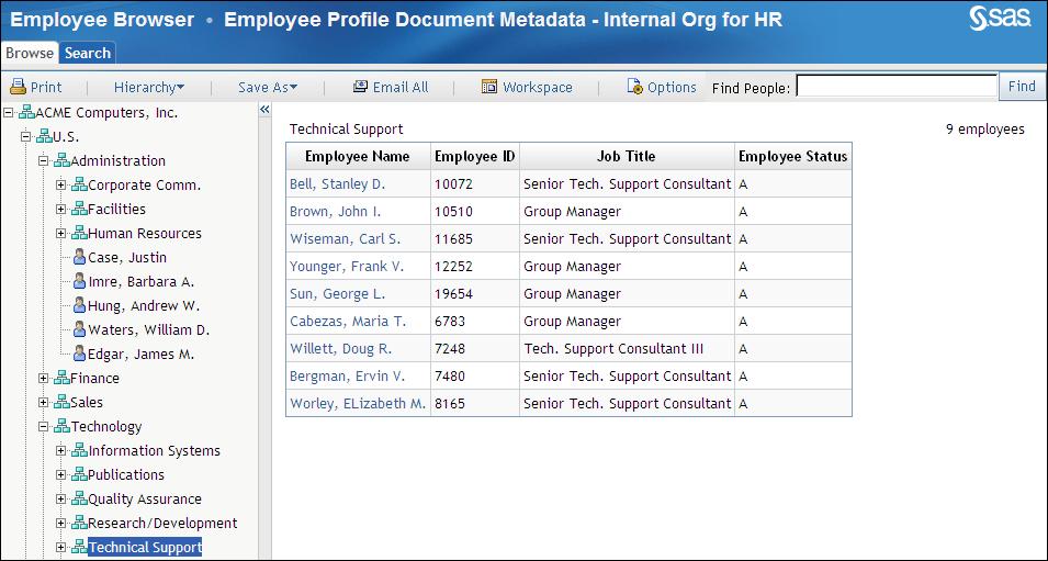 Contents of an Employee Profile 47 In the Employee Browser, users can customize their own profiles and add or remove columns from the display.