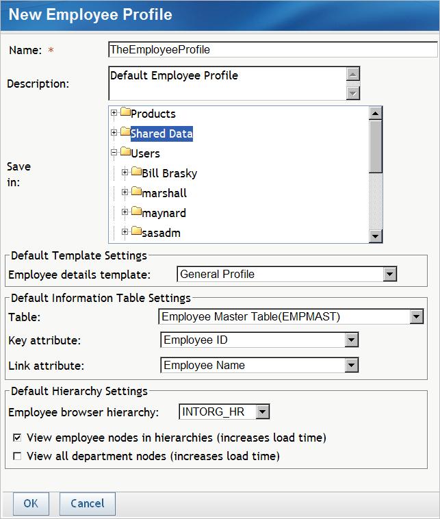 Create an Employee Profile 49 The New Employee Profile dialog box is displayed. 3. Enter a name and description for the profile.