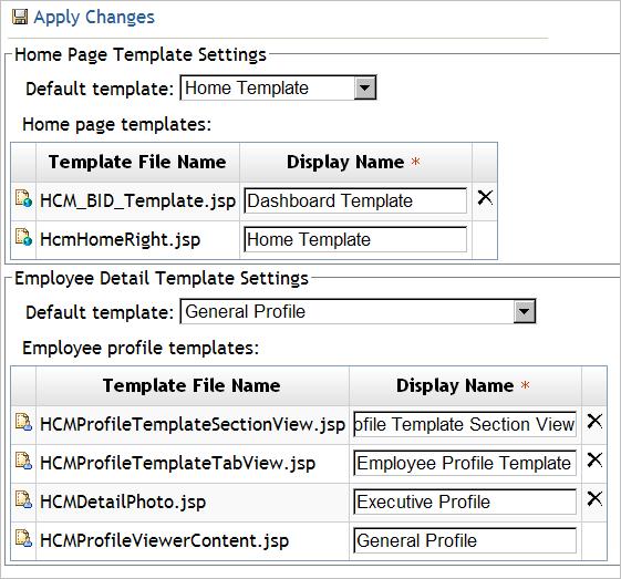 62 Chapter 3 Customizing the Display 1. Home Page Template Settings. From the Default template drop-down list in this section, select a predefined template. 2. Employee Detail Template Settings.