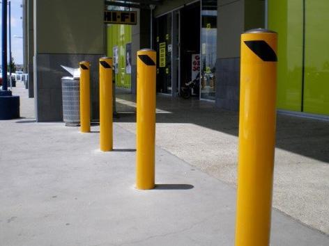 Direct Bury 5.5", 6.5" & 8.5" O.D. 84" tall, Yellow. Square Bollard 4" square tube. 42" tall with painted steel cap. We Have Your Bollards! Ready To Ship! 5.5" 4.