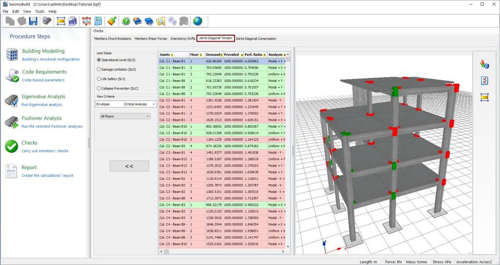 176 SeismoBuild User Manual Joints Diagonal Tension Module It is possible to hide the data entry table through the corresponding button in order to view the 3D rendering of the structural model in