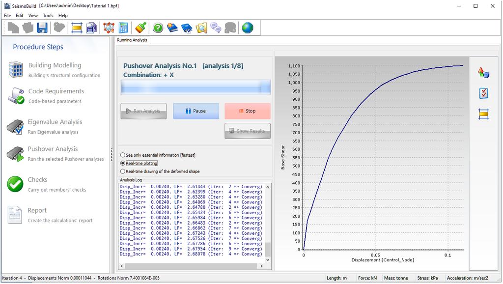 Quick Start 33 Eigenvalue Analysis Results Pushover Analysis Click on the Run button to run all the selected pushover analyses.