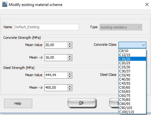 Herein the Default_Existing material set is selected and edited by assigning the C16/20 concrete class and the S400 steel class.