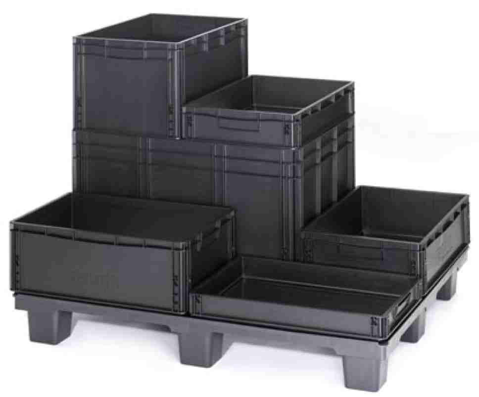 ESD EURO CONTAINERS FOR ELECTRONIC/ELECTRICAL DEVICES (ABSOLUTELY ANTISTATIC) REDUCING COSTS IN THE LOGISTICS LOOP The ESD containers made of conductive plastics were especially designed for