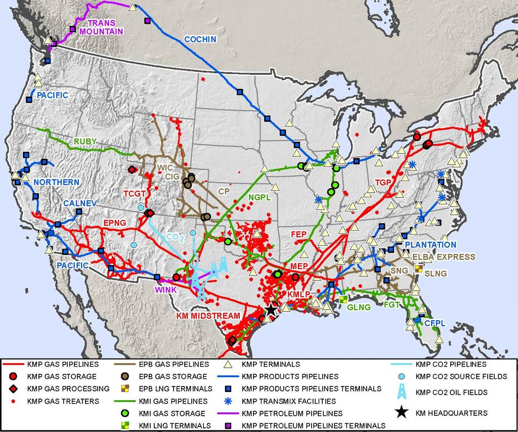 Kinder Morgan System Map 3rd largest energy company in North America with combined enterprise value of approximately $110 billion Largest natural gas network in U.S. Own an interest in / operate almost 70,000 miles of natural gas pipeline Connected to every important U.