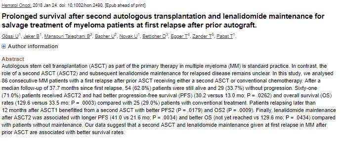 Lenalidomide Maintenance post salvage second ASCT for relapsed Multiple Myeloma N 86(second ASCT 61; chemotherapy 25) PFS 30.2mos vs. 13mos (p=0.0262) OS 129.6mos vs. 33.5mos (p=0.0003) Pts.