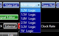 Waveform To exit the state list, switch on the Waveform in the utility panel. Logic The Logic button opens a menu enabling the user to select between 1.2V, 1.5V, 1.8V, 2.5V, 3.