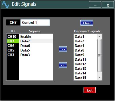 Edit Signals Activation of this button opens a new window where, the user can add a selected channel to, by the blue >> button, or move it from, by the blue << button, the pattern generator display.