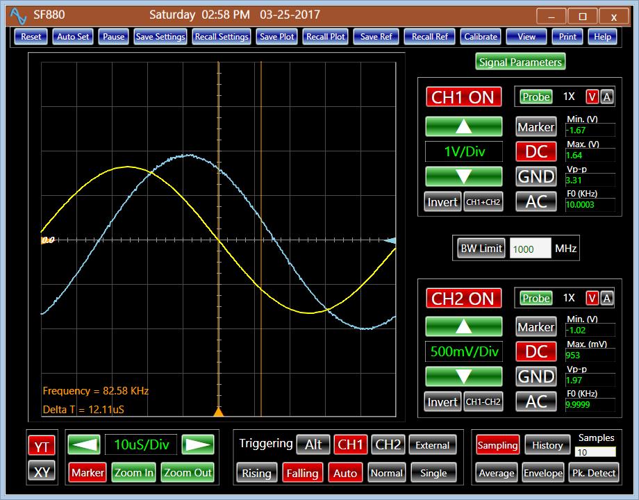 Signal Parameters P a g e 48 Oscilloscope The Signal Parameters button opens a window, which tabulates several CH1 and CH2 signal measurements.