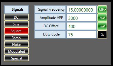 Standard Waveforms P a g e 76 AWG/ Function Generator Clicking on any button in the function generator panel outputs its corresponding signal.