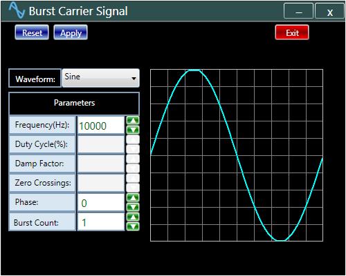 Depending on the type of the signal selected, an additional window opens, the Modulating Signal or Burst Carrier Signal window.