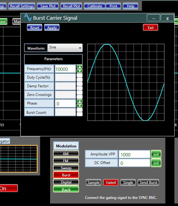 P a g e 77 AWG/ Function Generator Burst Modulation Buttons marked "Sample," "Gated," "Single," and "Send" control the output of the generator in the burst mode.
