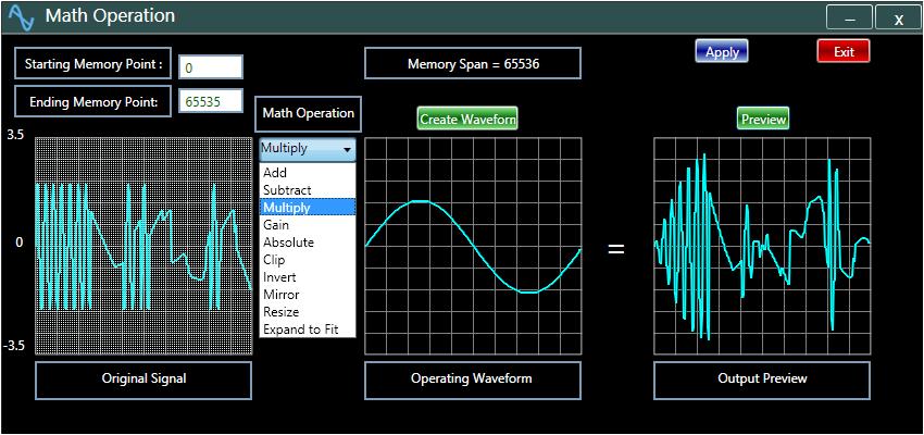 Math P a g e 83 AWG/ Function Generator Mathematics operations on the waveform defined in the memory can be performed by selecting the "Math" option in the DSP menu.