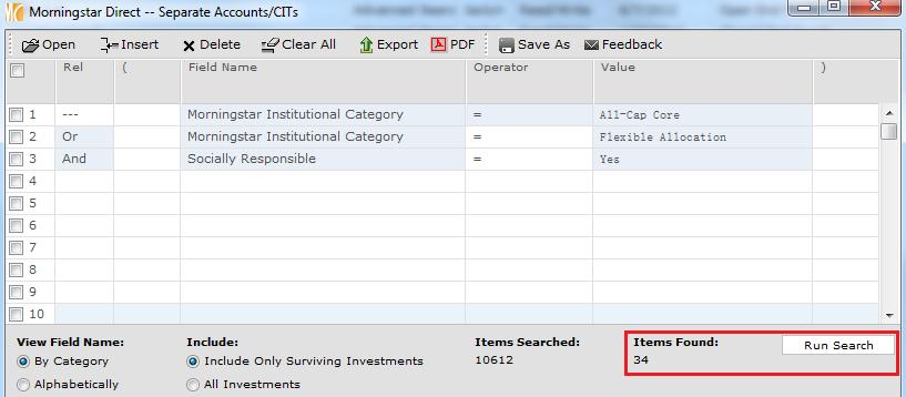 16. Click Run Search to preview number of investments meeting the criteria.