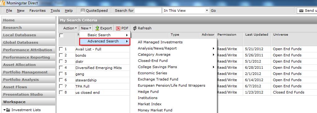 2. Go to New and select Advanced Search. 3.
