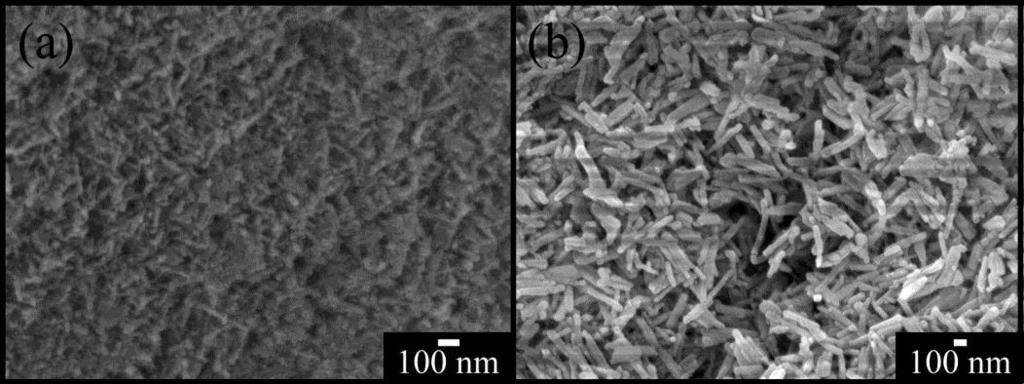 718 Fig. 3 SEM images of (a) Nd(OH) 3 and (b) Nd 2 O 3 obtained by 550 o C calcination of the precursor for 2 h. Fig. 4 shows TEM images of the as-prepared Nd(OH) 3 and Nd 2 O 3 products.